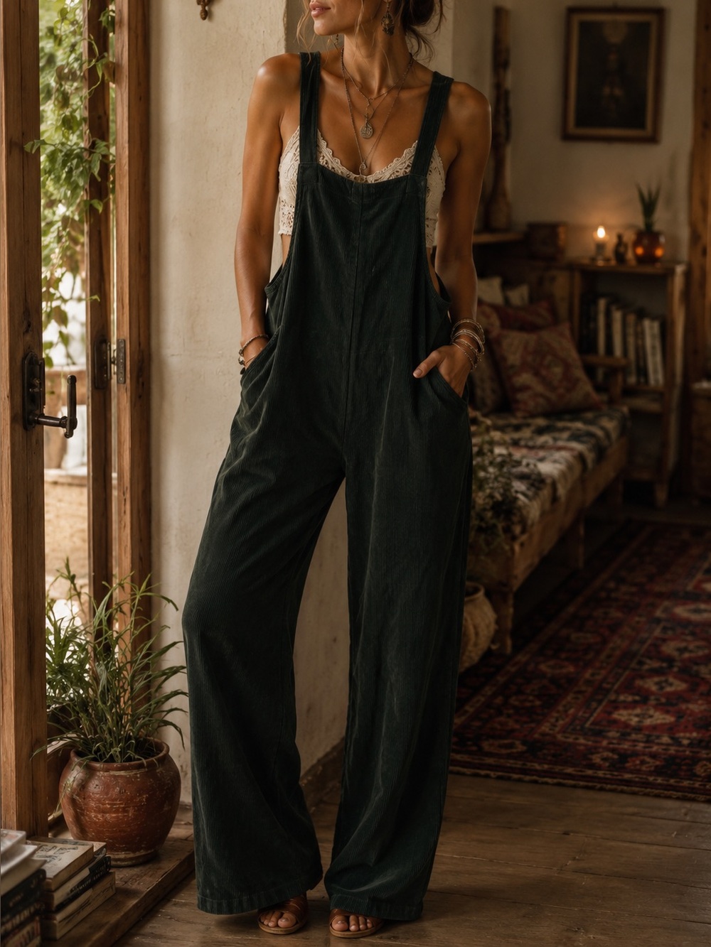 Lucy & Yak Posy Green Wide-Leg Dungarees Bib Overalls Relaxed Fit Hippie Boho